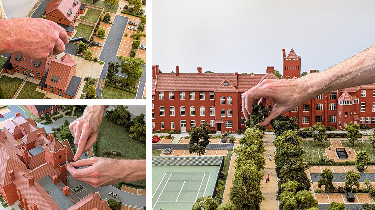 Architectural model cleaning and maintenance service featuring delicate restoration of micro landscaping and building details