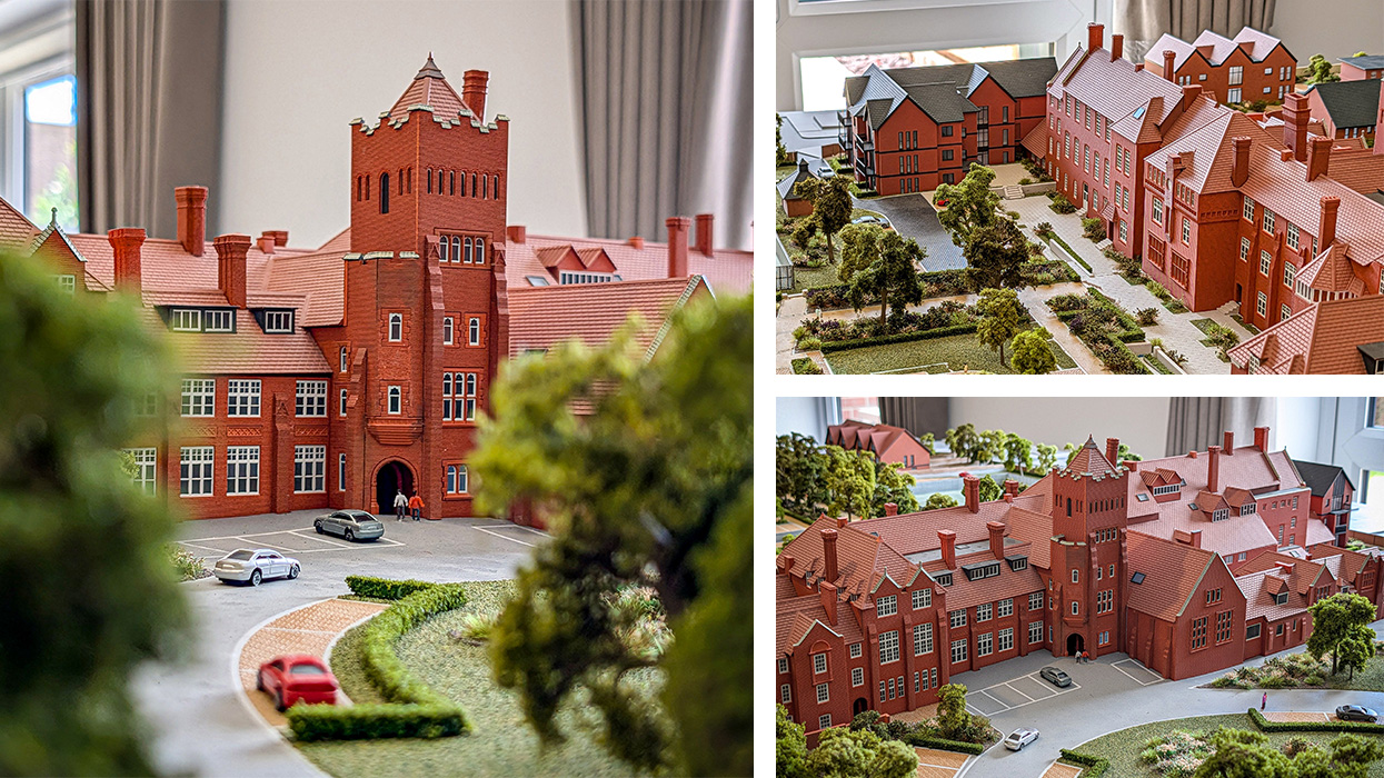 Custom architectural scale model showcasing red brick heritage building redevelopment