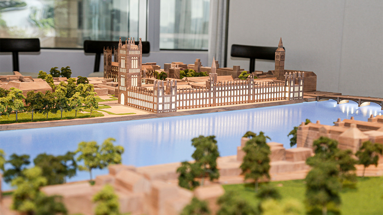 Detailed timber architectural scale model of Houses of Parliament and Westminster Bridge