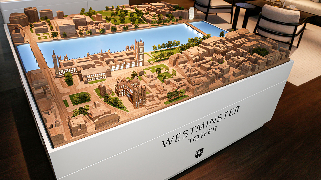 Architectural modelmaking masterplan display for Westminster Tower featuring illuminated river section